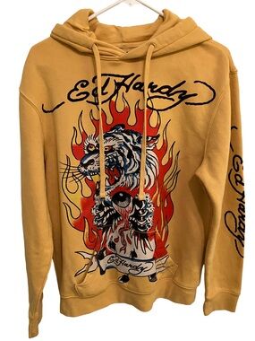 IN GREAT CONDITION! ED HARDY GOLDEN FIRE FLAMES TIGER EYE FLEECE HOODIE SIZE S